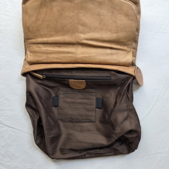 Bolla Genuine Leather Satchel Crossbody Tan Distressed VTG Style Brass Hardware - Picture 10 of 16